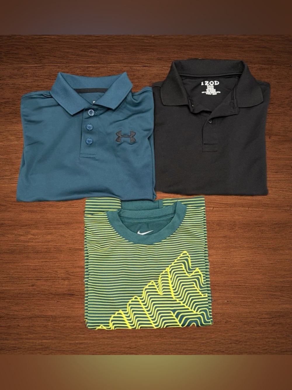 BUNDLE OF 2 POLOS 1 T-SHIRT. 1 UNDER ARMOUR POLO. 1 IZOD POLO. 1 NIKE DRI-FIT T-